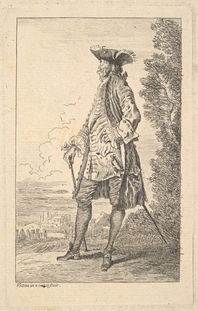 Uomo che cammina e porta un bastone nella mano destra, visto di tre quarti da Jean Antoine Watteau