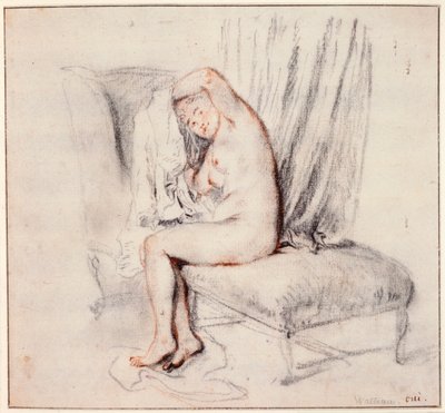 Donna nuda seduta su una chaise longue, che si mette la camicia da Jean Antoine Watteau