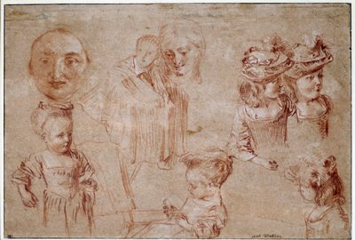 Maschera di Pierrot, cinque ragazze in busto, un uomo drappeggiato e il volto di una donna da Jean Antoine Watteau