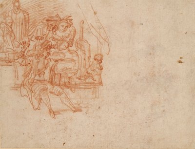 Ciarlatano seduto sul palco, vendendo merci, con quattro figure e una scimmia da Jean Antoine Watteau