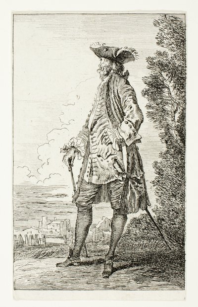 Uomo in piedi con cappello, rivolto a sinistra, da Figures de Modes da Jean Antoine Watteau