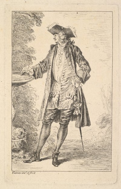 Uomo in piedi con la mano destra appoggiata su un bacino, mostrato in vista di tre quarti, ca. 1710 da Jean Antoine Watteau