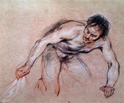 Studio di un uomo nudo inginocchiato che tira un drappo da Jean Antoine Watteau