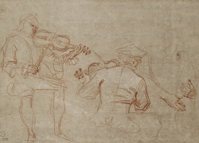 Studio di due violinisti e una coppia di mani, che tengono un braccio da Jean Antoine Watteau