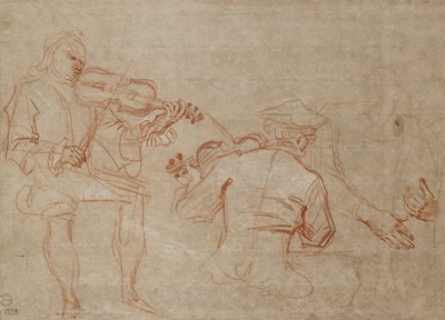 Studio di due violinisti e una coppia di mani che tengono un braccio, a destra, circa 1716 da Jean Antoine Watteau