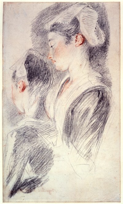Due studi della testa di una giovane donna, 1716-18 da Jean Antoine Watteau