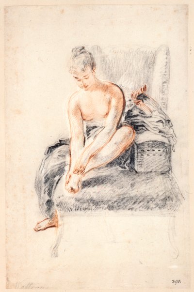 Giovane donna nuda che tiene un piede tra le mani, 1716-18 da Jean Antoine Watteau