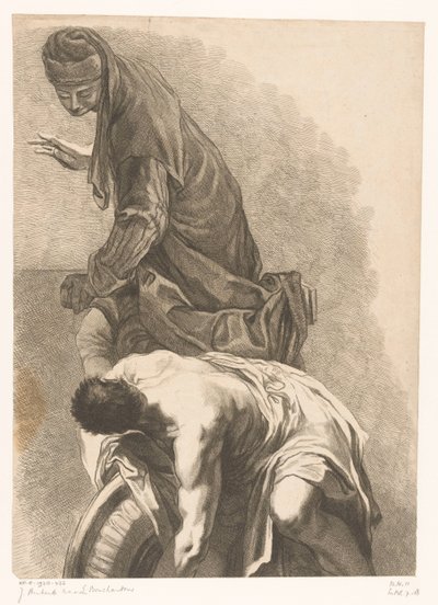 Figura in piedi accanto a un uomo piegato con il torso nudo da Jean Aubert