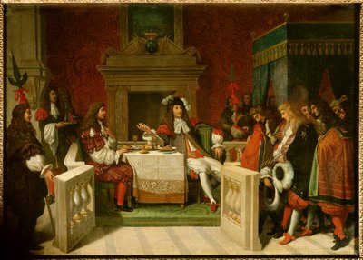 Luigi XIV e Molière: Re Luigi XIV (1638-1715) e Jean Baptiste Poquelin detto Molière (1622-1673) a tavola davanti ai cortigiani da Jean Auguste Dominique Ingres