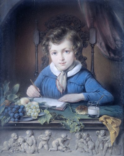 Ritratto di un ragazzo, seduto in una nicchia della finestra e vestito con una giacca blu da Jean Augustin Daiwaille (attributed to)