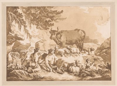 Satiri riposanti tra pecore e una mucca in un paesaggio da Jean Baptist Leprince