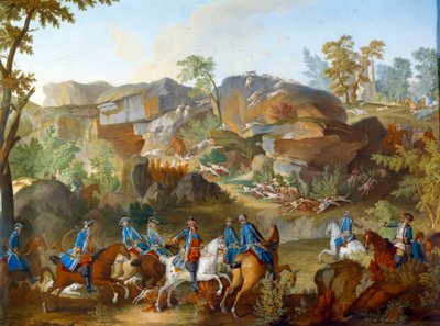 Placca rappresentante le cacce di Luigi XVI: il cervo che tiene i cani nelle rocce di Frauchard nella foresta di Compiègne da Jean Baptiste (after) Oudry