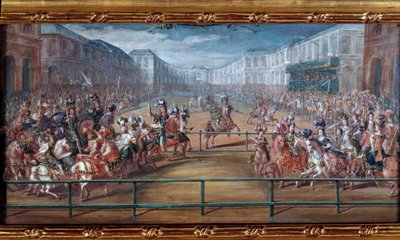 Il pomposo carosello delle amazzoni galanti delle quattro parti del mondo dato da Luigi XIV davanti alle Tuileries il 5 giugno da Jean Baptiste (attr. to) Martin