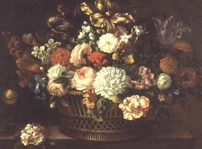 Peonie, tulipani, narcisi e altri fiori in un cesto da Jean Baptiste (attr. to) Monnoyer
