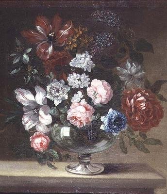 Rose, tulipani e altri fiori in un vaso da Jean Baptiste (follower of) Monnoyer