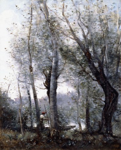 Una chiatta che passa dietro gli alberi sulla riva da Jean Baptiste Camille Corot