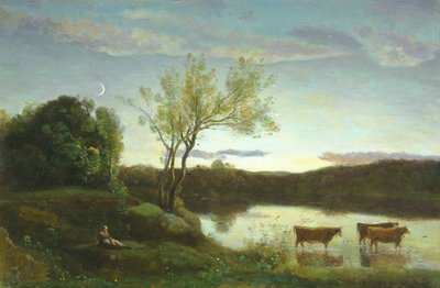 Uno Stagno con tre Mucche e una Luna Crescente, c.1850 da Jean Baptiste Camille Corot