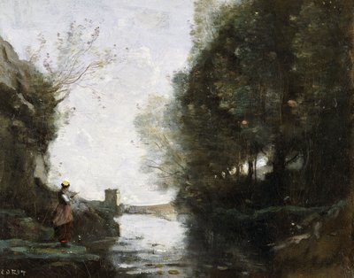 Un fiume con una torre quadrata e un contadino in primo piano, c.1865-70 da Jean Baptiste Camille Corot