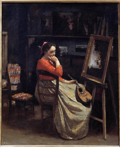Una giovane donna pensierosa, un mandolino in mano, nello studio del pittore da Jean Baptiste Camille Corot