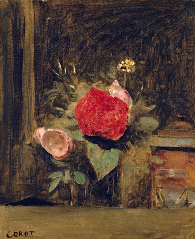 Bouquet di fiori in un bicchiere accanto a un vaso di tabacco, c.1873-74 da Jean Baptiste Camille Corot