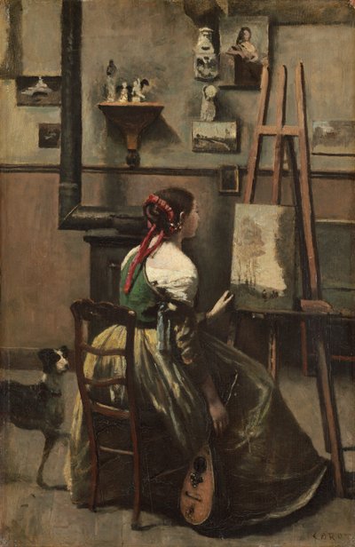 Lo Studio di Corot: Donna Seduta davanti a un Cavalletto, con un Mandolino in Mano da Jean Baptiste Camille Corot