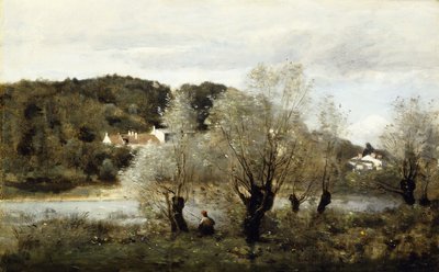 Pescatore al bordo di uno stagno nel villaggio di Avary da Jean Baptiste Camille Corot