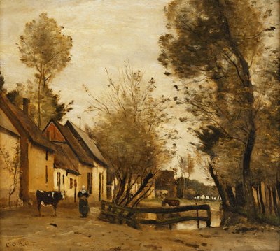Flesselles, strada con contadina e mucca; Flesselles, une Rue avec une Paysanne et sa Vache, c.1862-1865 da Jean Baptiste Camille Corot