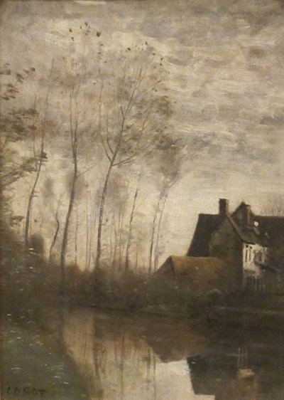 Francese: Scène de rivière avec maisons et peupliers Scena di fiume con case e pioppi da Jean Baptiste Camille Corot