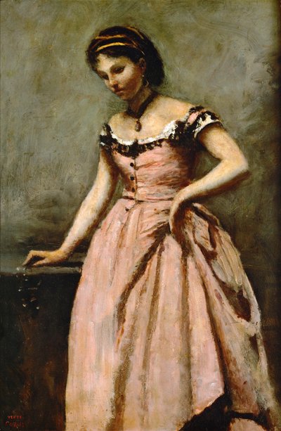 Ragazza in abito rosa con rose e una perla ... da Jean Baptiste Camille Corot