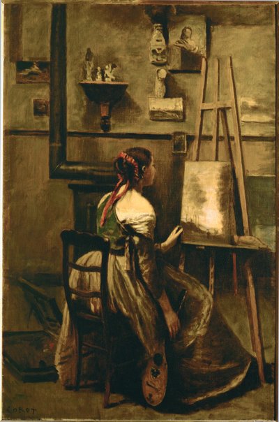 Studio di Corot - giovane donna seduta davanti a un cavalletto ... da Jean Baptiste Camille Corot