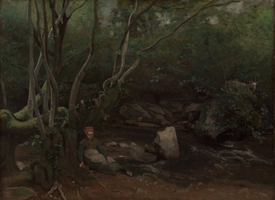 Lormes: Capraia seduta accanto a un ruscello in una foresta da Jean Baptiste Camille Corot