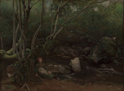 Lormes: Capraia seduta accanto a un ruscello in una foresta da Jean Baptiste Camille Corot