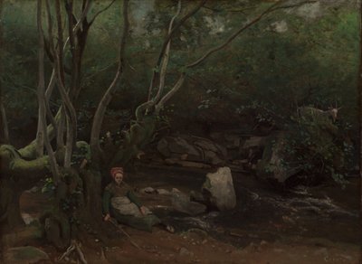 Lormes: Capraia seduta accanto a un ruscello in una foresta, 1842 da Jean Baptiste Camille Corot