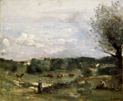 Prato con Mucche, un Salice a Destra e un Villaggio Distante da Jean Baptiste Camille Corot