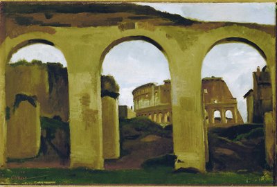 Il Colosseo, visto attraverso le arcate della Basilica di San Costantino, Roma ... da Jean Baptiste Camille Corot