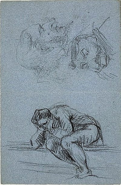 Figura seduta con testa tra le mani e due caricature (recto); quattro figure in una lunetta (verso) da Jean Baptiste Carpeaux