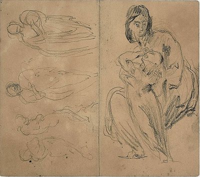 Schizzi: Quattro figure e Madre seduta con bambino (recto); Madre seduta con bambino (verso) da Jean Baptiste Carpeaux