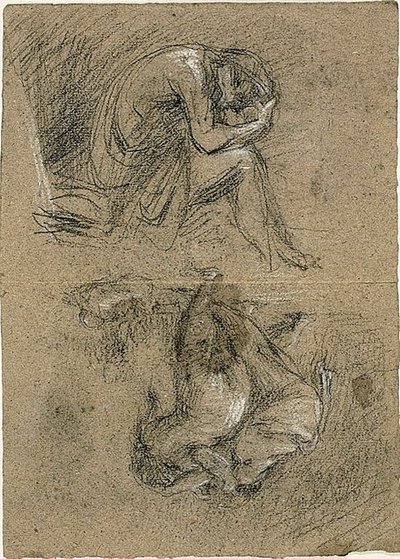 Schizzi: Uomo seduto con la testa tra le mani e due figure che si chinano verso altre sullo sfondo (recto); Donna sdraiata (verso) da Jean Baptiste Carpeaux
