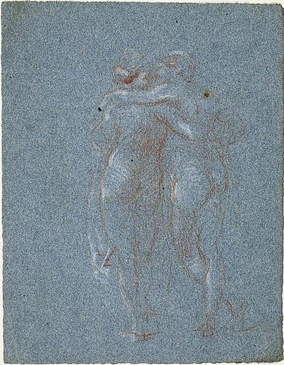 Due figure in piedi, abbracciate (recto); Uomo con falce e schizzi di edifici (verso) da Jean Baptiste Carpeaux