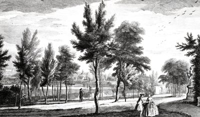 Veduta dei Campi Elisi dalla Fonte di Elicona, Giardini di Stowe House, inciso da George Bickham, 1753 da Jean Baptiste Claude Chatelain