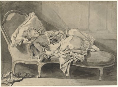 Madame Greuze su una chaise-longue con il suo cagnolino da Jean Baptiste Greuze