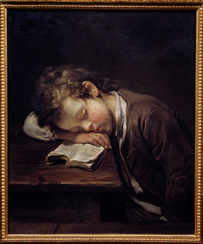 Il piccolo pigro. Ritratto di un giovane ragazzo che si è addormentato sul suo libro. Pittura di Jean Baptiste Greuze (1725-1805) da Jean Baptiste Greuze