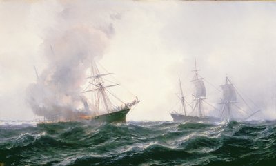 Una nave in fiamme in mare, con un