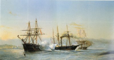 Battaglia navale davanti alla costa marocchina tra due brigantini marocchini e una corvetta a ruota francese in occasione del bombardamento di Mogador da parte della squadra francese nel 1844. da Jean Baptiste Henri Durand Brager