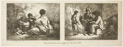Bambini con cane e pecore e famiglia di contadini accanto al fuoco da Jean Baptiste Huet