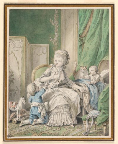 Madre e due bambini in un boudoir da Jean Baptiste Huet