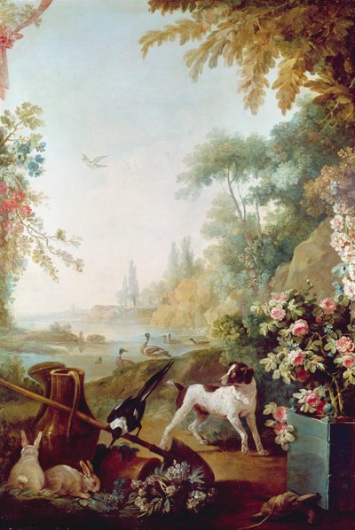 Due conigli, una gazza e un cane, dal Salone di Gilles Demarteau da Jean Baptiste Huet