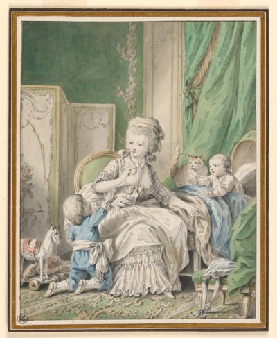 Disegno, Madre e due bambini in un boudoir, forse 1782 da Jean Baptiste Huet