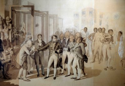 Napoleone Bonaparte (1769-1821), Primo Console, in presenza di Giuseppina di Beauharnais, visita la fabbrica di velluti dei fratelli Sevene a Rouen, novembre 1802 da Jean Baptiste Isabey