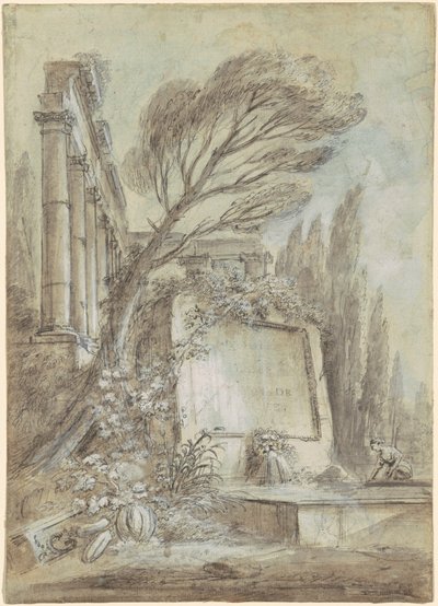 Fantasia architettonica di rovine romane con targa d